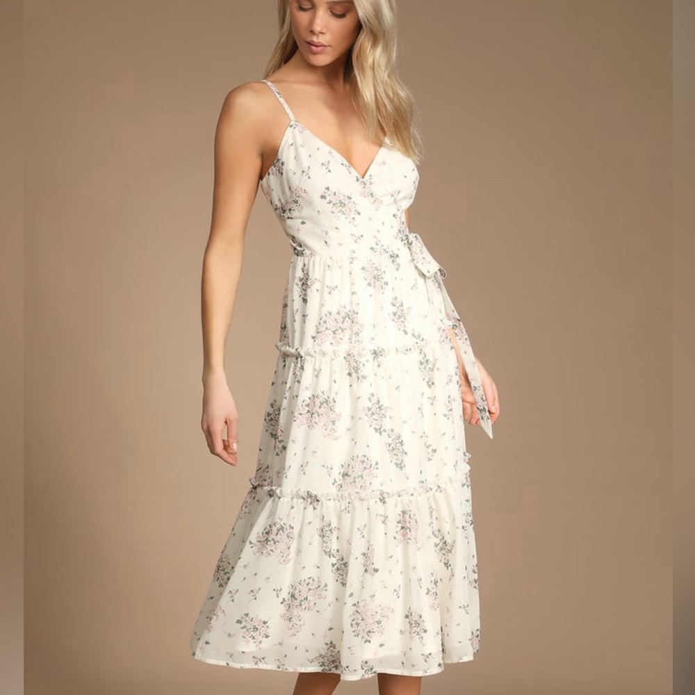 Got the Bloom Ivory Floral Print Tiered Midi Wrap Dress